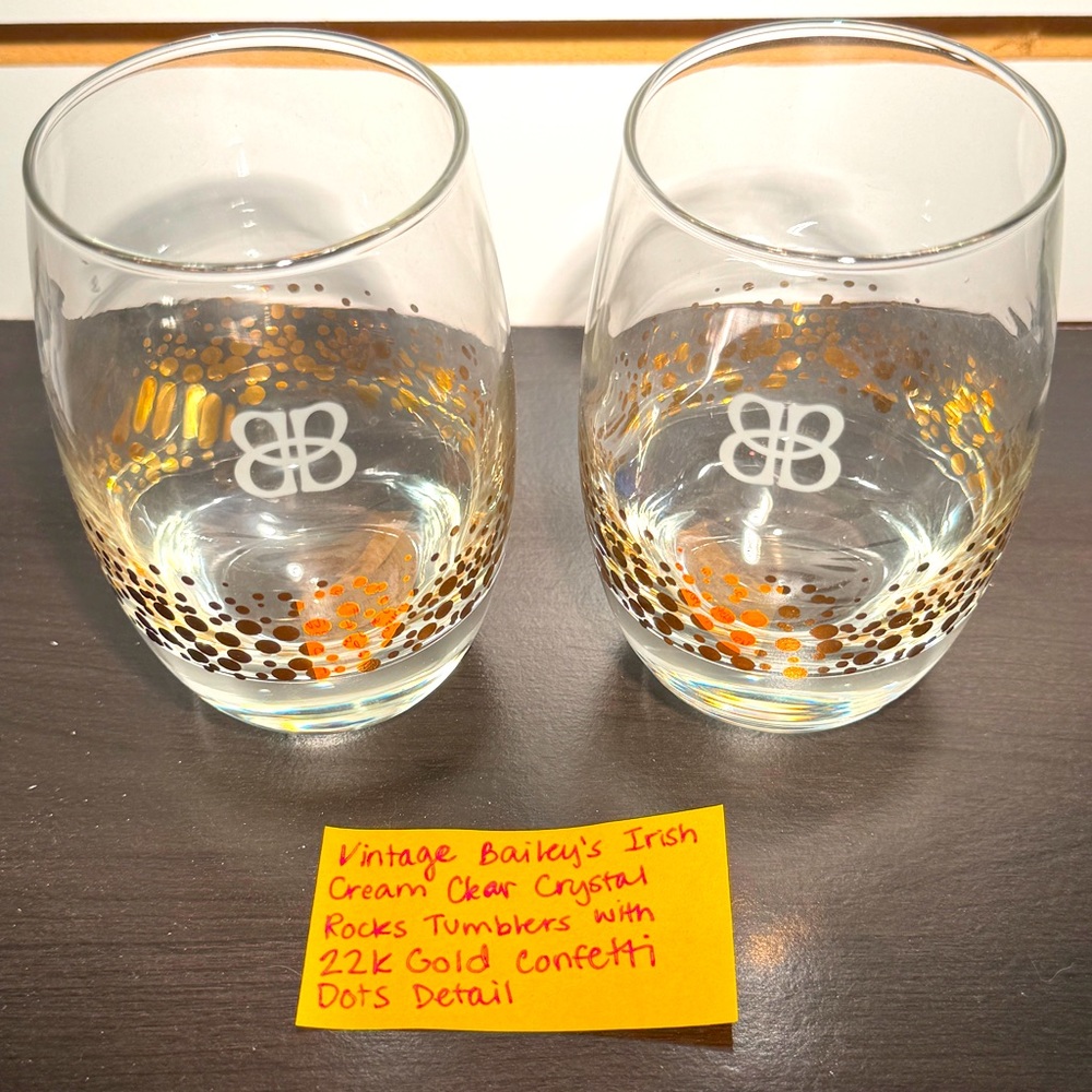 2/$50 Baileys Irish Cream Vintage Crystal Tumblers 22k Gold Dot Detail Set of 2